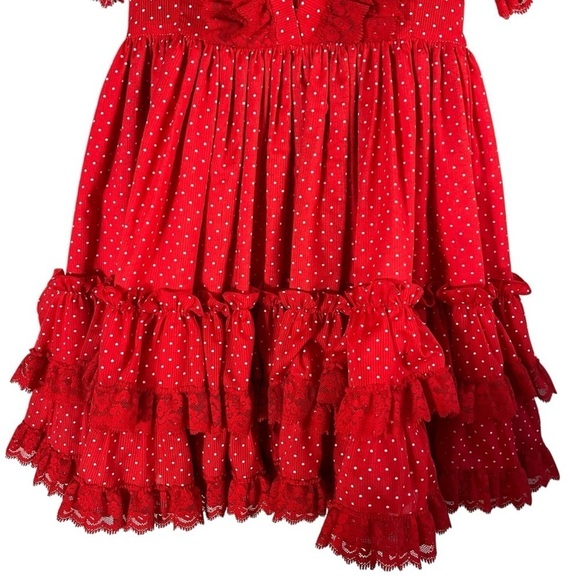 VINTAGE 80s LILO CALIFORNIA USA Ruffle Tiered Polka Dot Lace Trim Dress - Picture 4 of 12